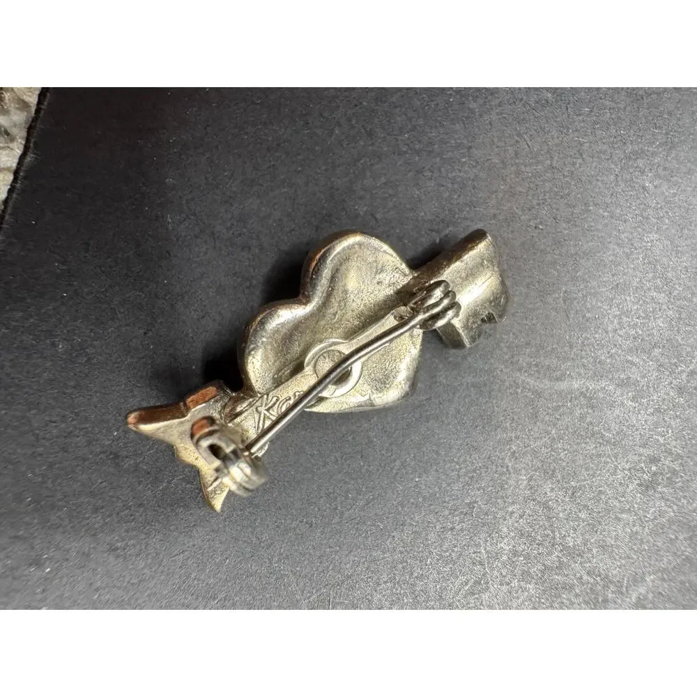 Vintage Karu Signed Silver Tone Rhinestone Key Through Heart Pin Brooch
